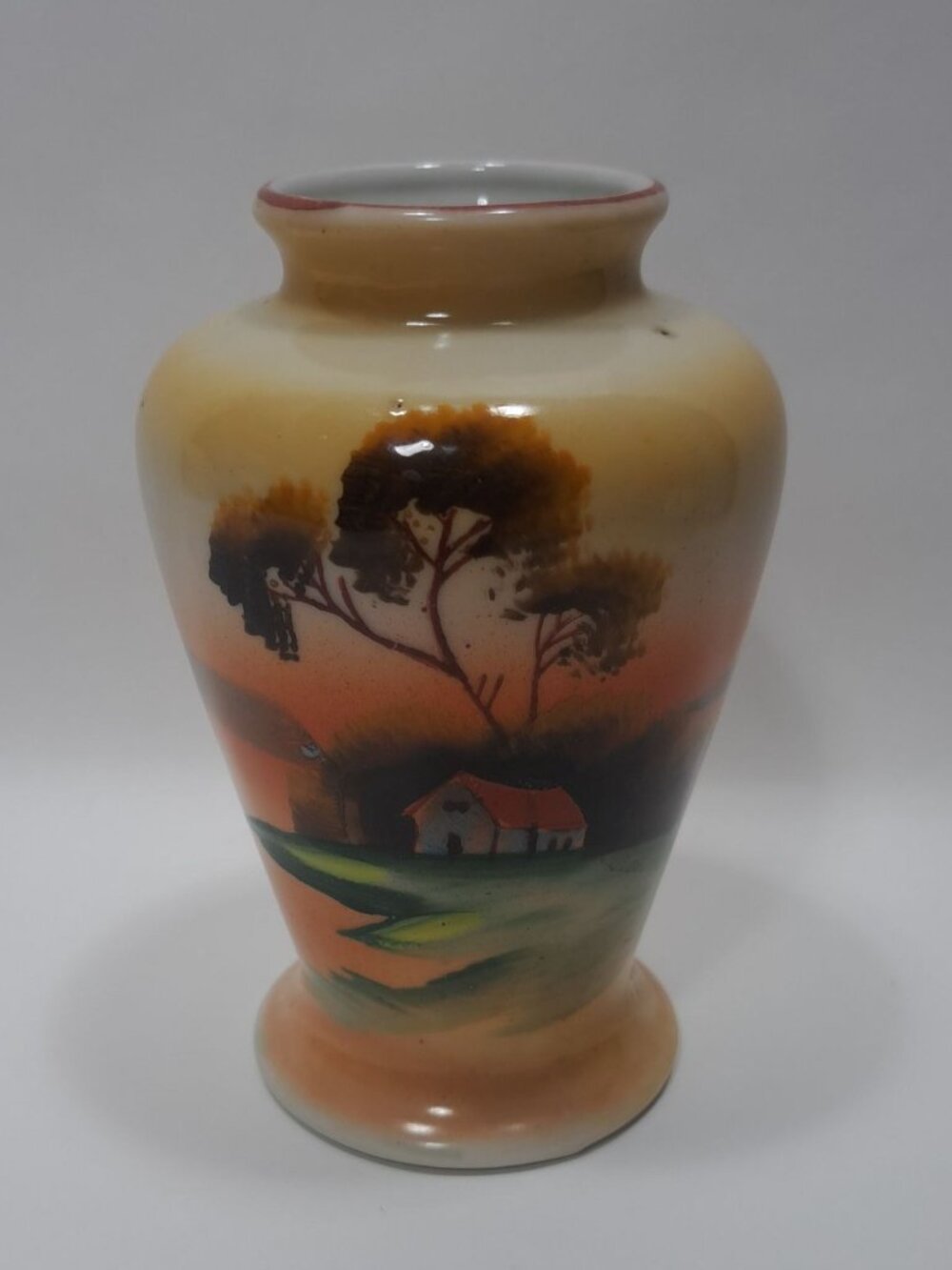Hand Painted Japanese Porcelain Vase Multicolor Sunset With Trees & House Design
